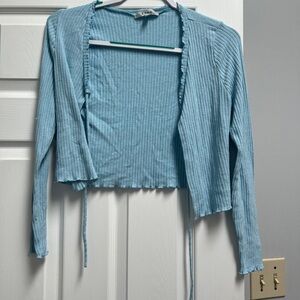 Gaze Baby Blue Ribbed Tie-Front Crop Top
